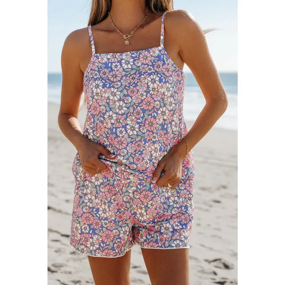 Sky Blue Floral Print Spaghetti Straps Tank Top and Shorts Set New S, L, XL